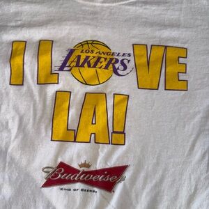 Anvil White T-Shirt with Yellow and Purple Design lakers Budweiser